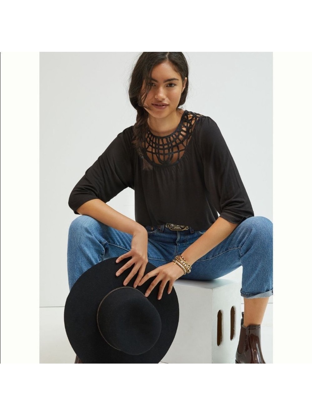 Anthropologie Graciela Black Crochet-Neck 3/4 Sleeve Top -runs cropped
